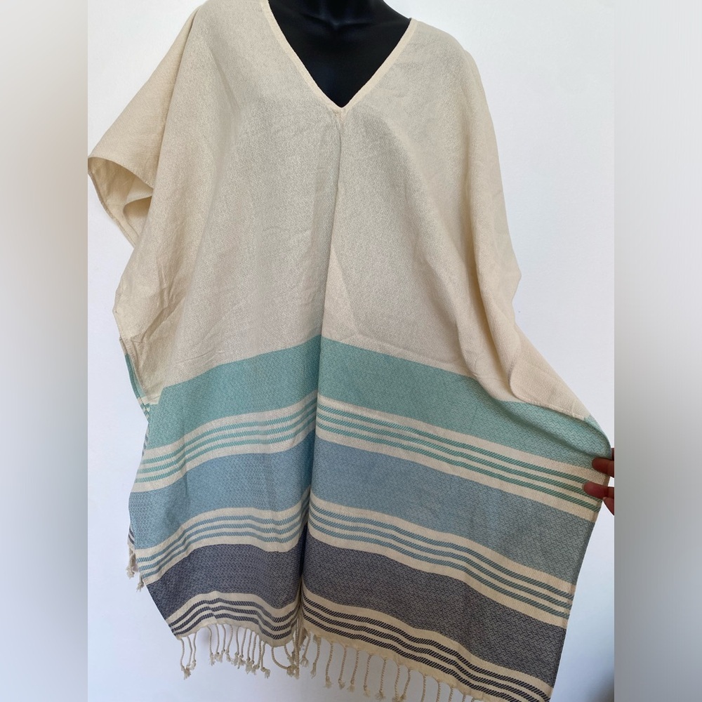 Tribe Alive Womens Size OS Cream & Blue Striped Fringe Poncho Beach Coverup - Picture 5 of 6
